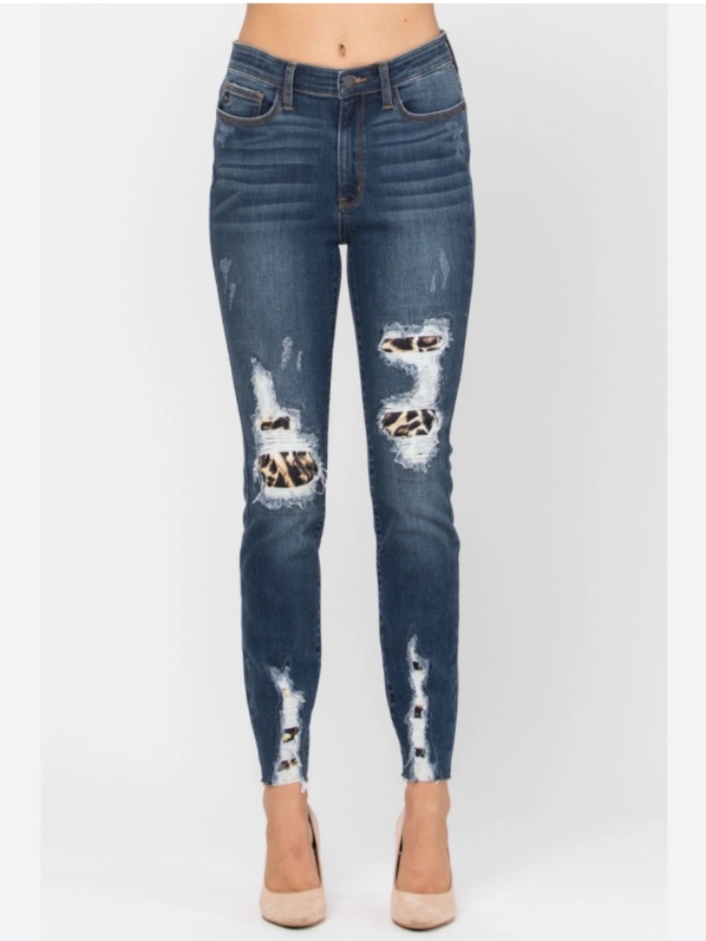 JUDY BLUE Dark Blue Ripped Skinny Jeans Animal Print Lining Size 9/29
